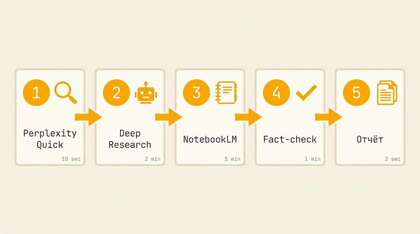Полный пайплайн исследования: Perplexity, Deep Research, NotebookLM, fact-check